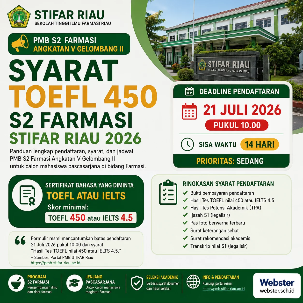 Syarat TOEFL 450 S2 Farmasi STIFAR Riau 2026 Syarat TOEFL 450 S2 Farmasi STIFAR Riau 2026 - Webster English Course