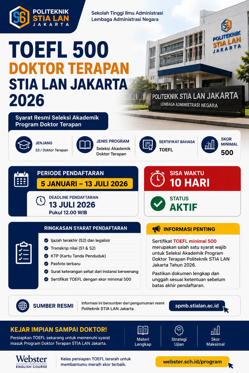 Syarat TOEFL 500 Doktor Terapan STIA LAN 2026 Syarat TOEFL 500 Doktor Terapan STIA LAN 2026 - Webster English Course