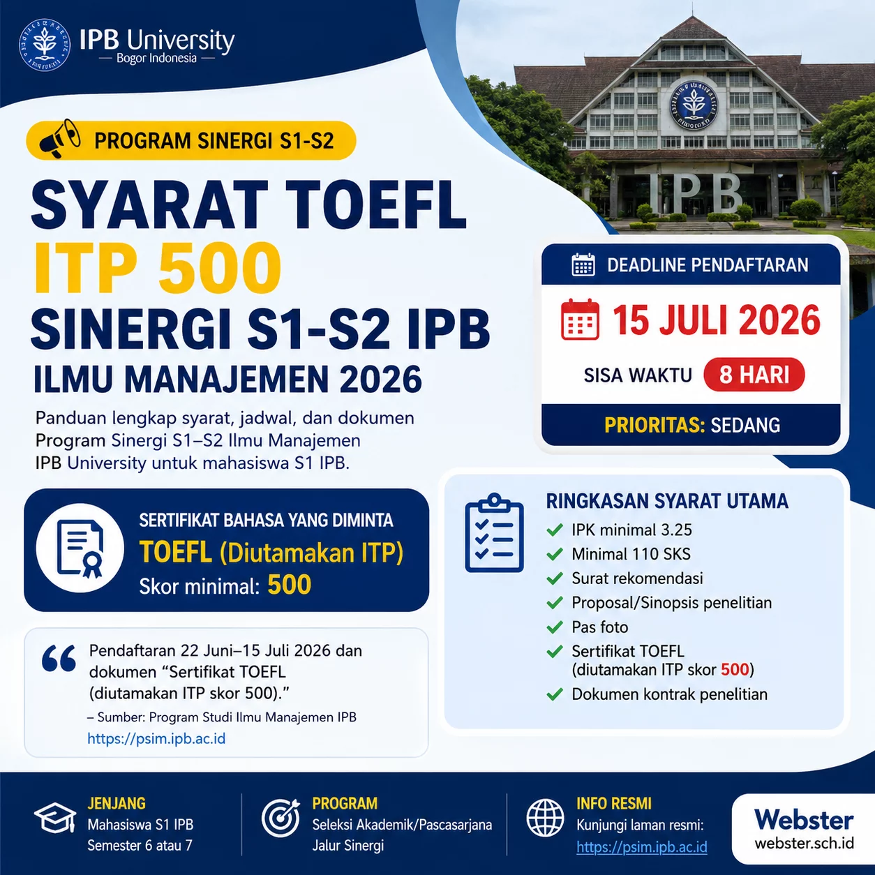 Syarat TOEFL ITP 500 Sinergi S1 S2 IPB 2026 Syarat TOEFL ITP 500 Sinergi S1 S2 IPB 2026 - Webster English Course