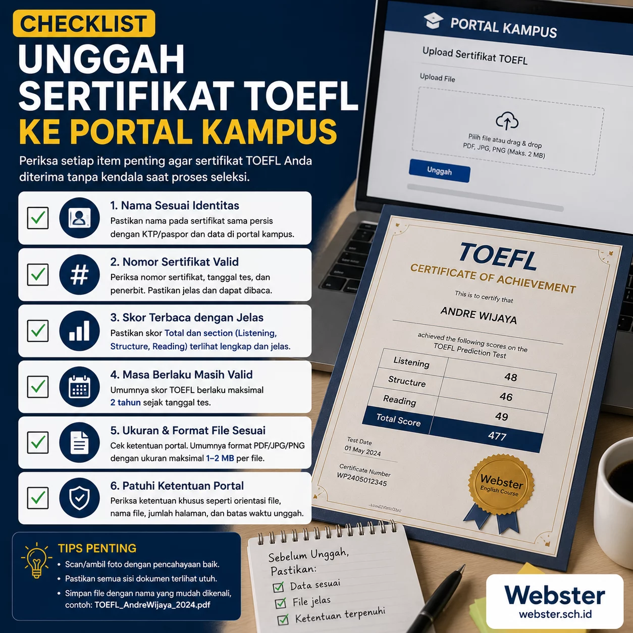 Checklist Unggah Sertifikat TOEFL ke Portal Kampus Checklist Unggah Sertifikat TOEFL ke Portal Kampus - Webster English Course
