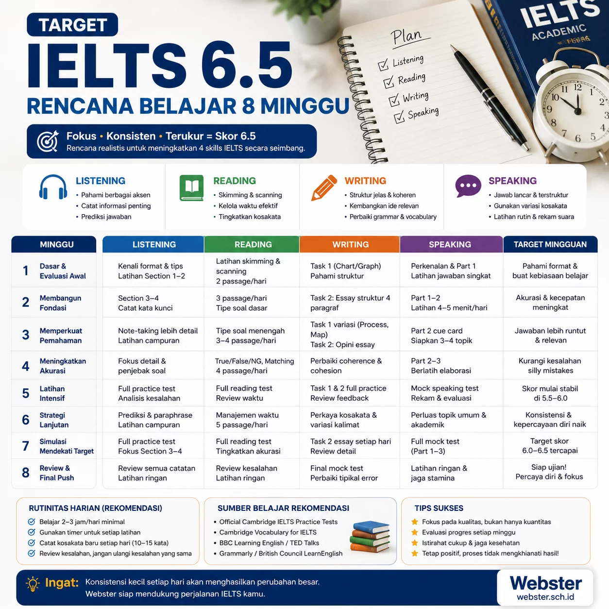 Target IELTS 6.5 Rencana Belajar 8 Minggu Target IELTS 6.5 Rencana Belajar 8 Minggu - Webster English Course