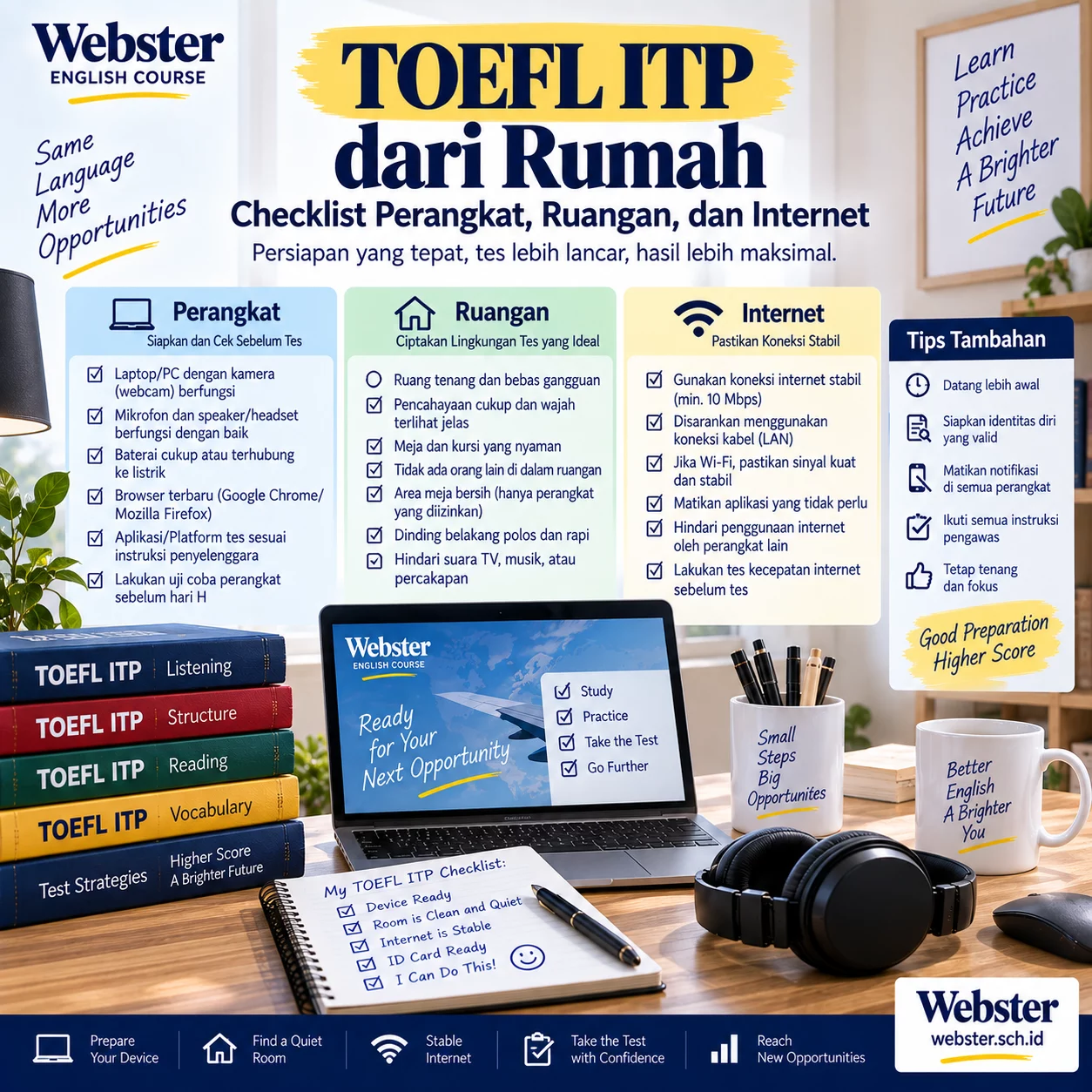 TOEFL ITP dari Rumah Checklist Sebelum Tes TOEFL ITP dari Rumah Checklist Sebelum Tes - Webster English Course